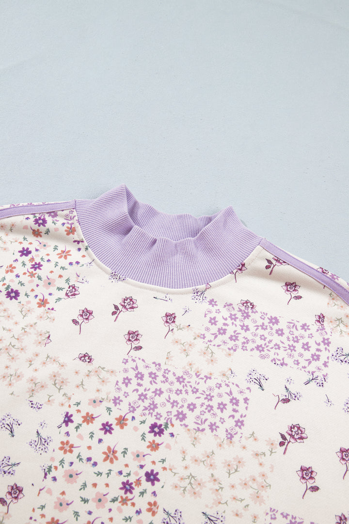 Purple Floral Print High Neck Colorblock Sleeve Paneling Sweatshirt