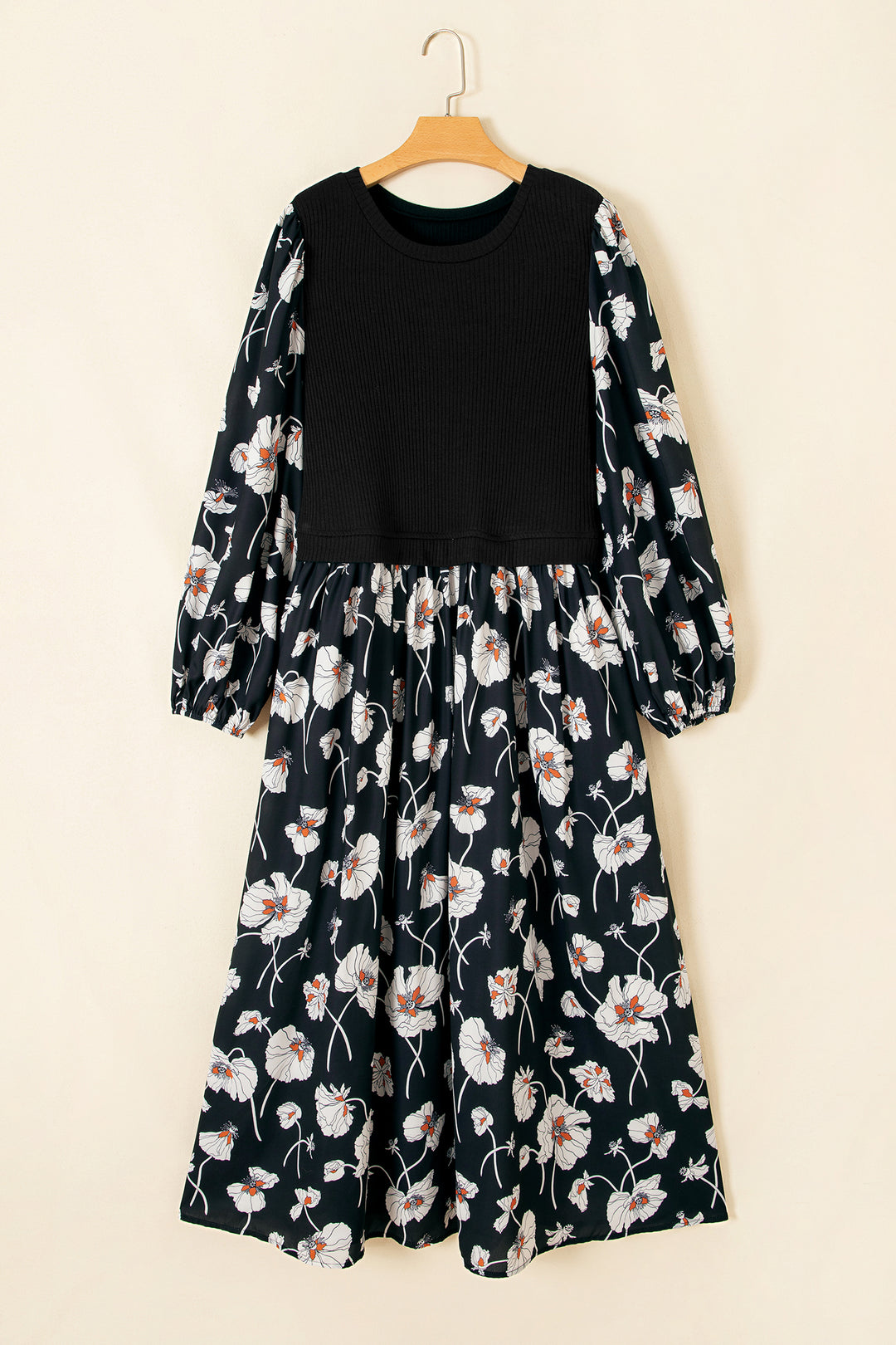 Black Floral Print Long Sleeve Shift Plus Size Dress