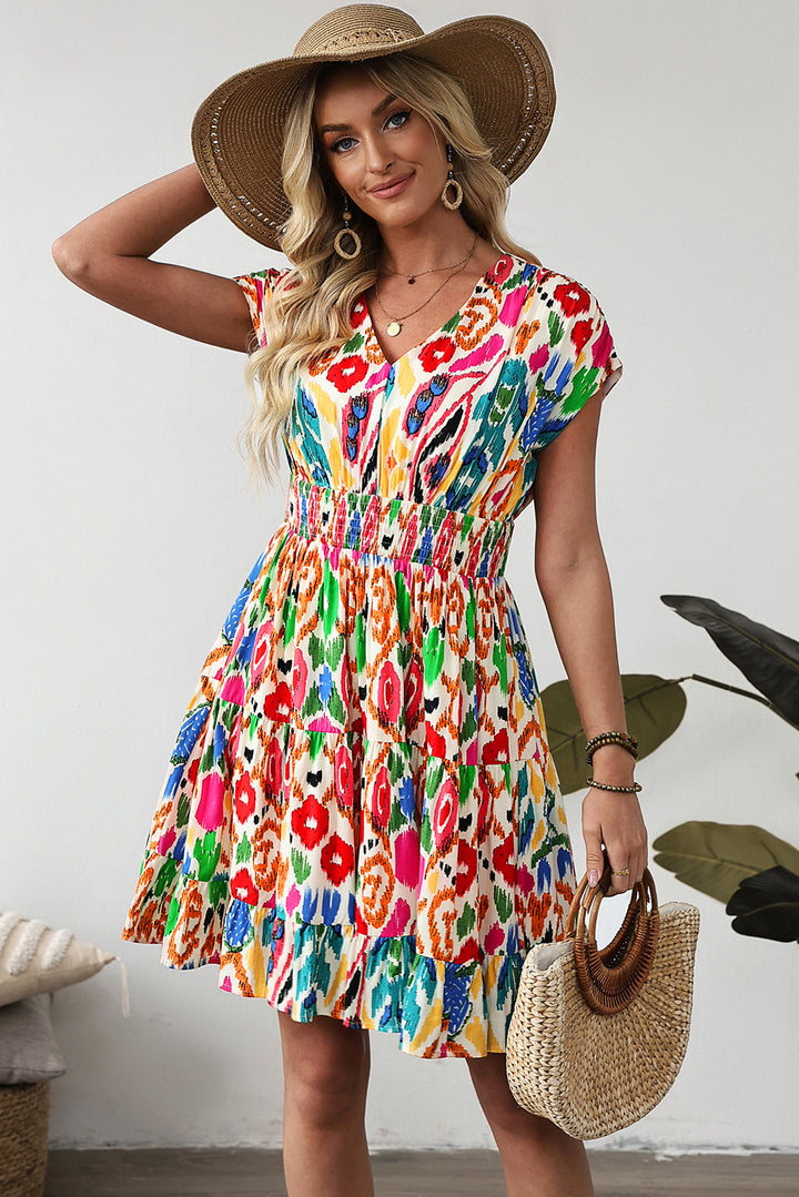 Sky Blue Abstract Print Dolman Sleeve Ruffle Tiered Mini Dress