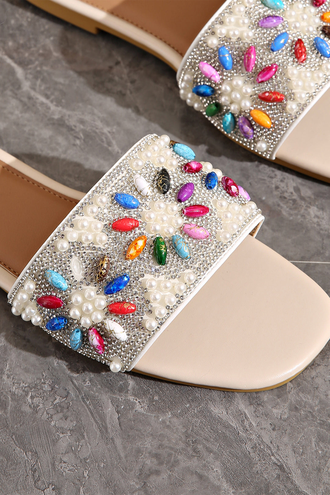 Rhinestone Pearl Decoration Square Head Beach Slippers