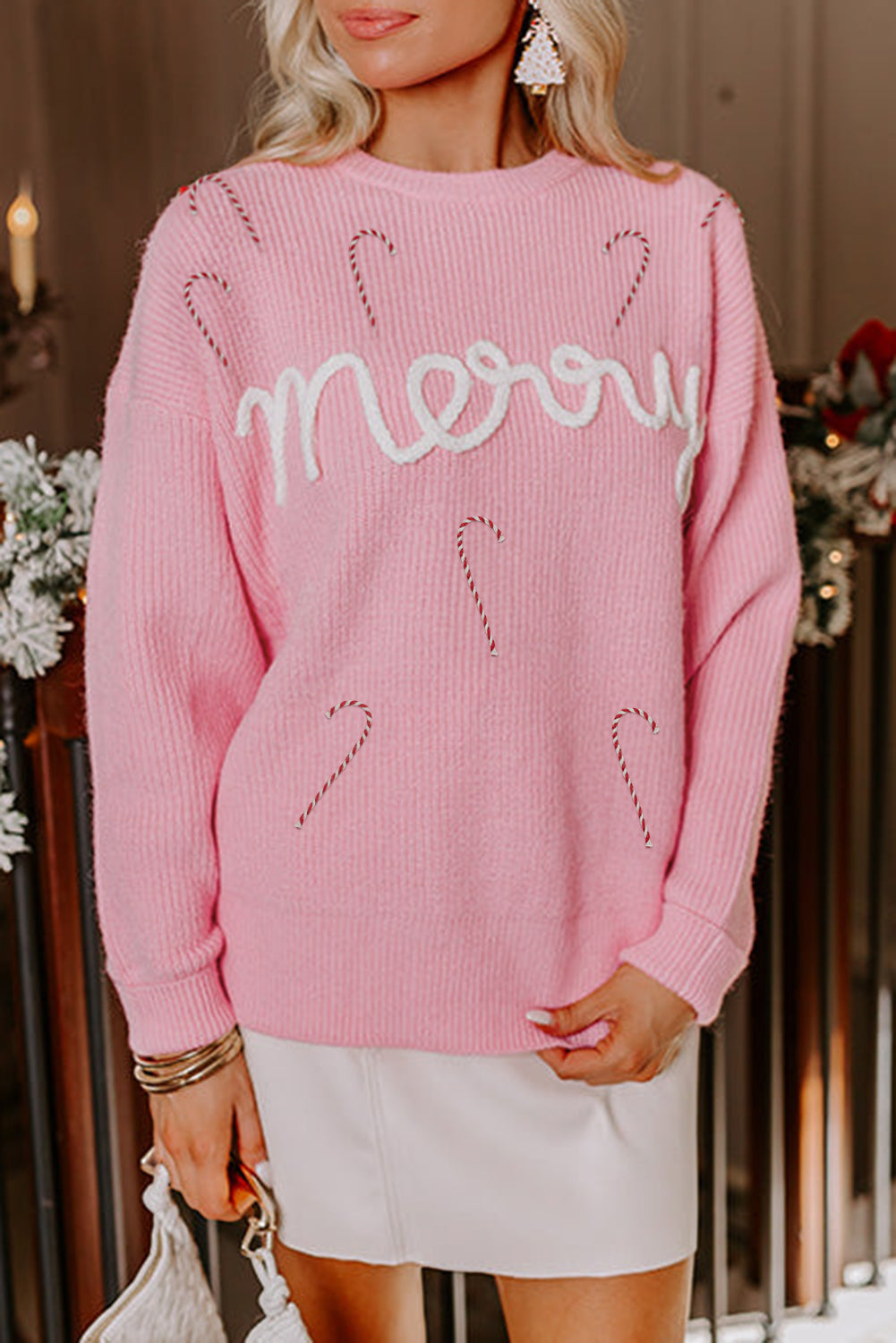 Merry Candy Cane Puffy Knit Crew Neck Sweater