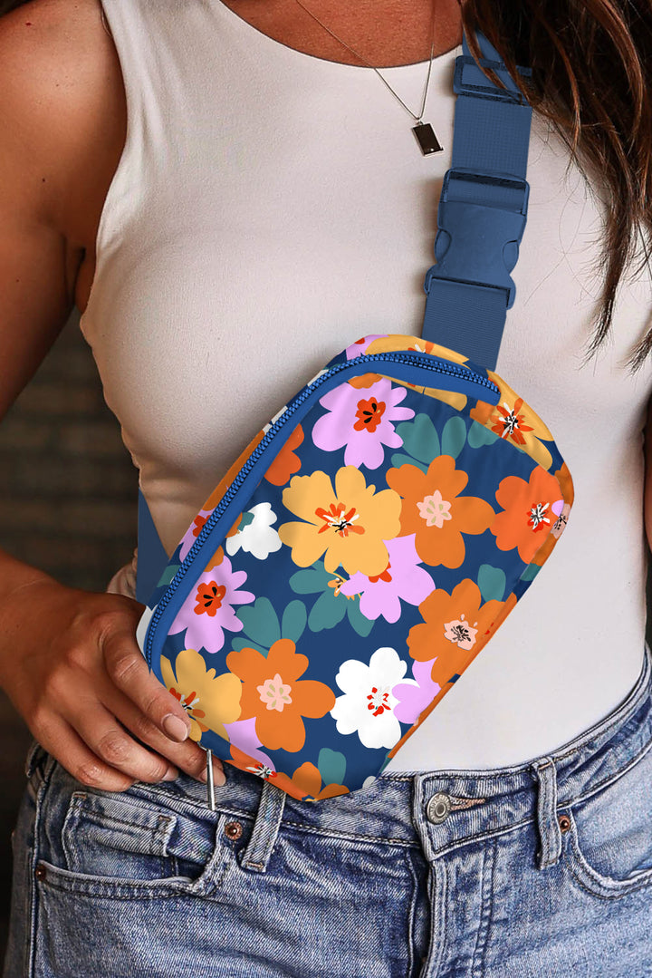 Flower Print Zipper Buckle Wide Strap Sling Bag