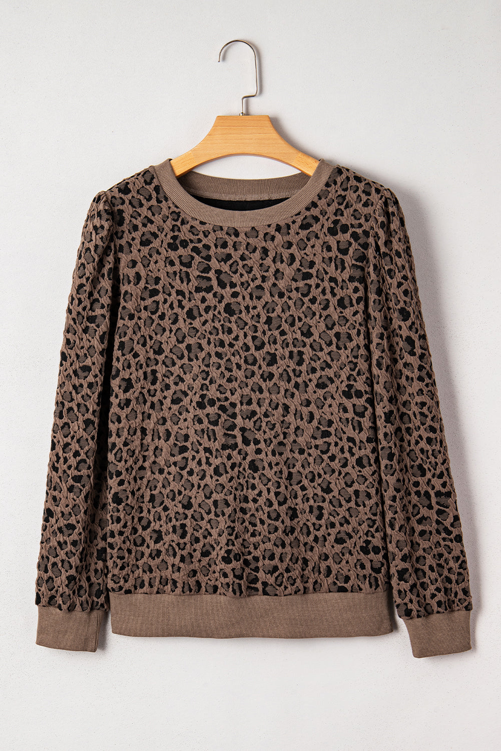 Ribbed Trim Leopard Print Long Sleeve Top