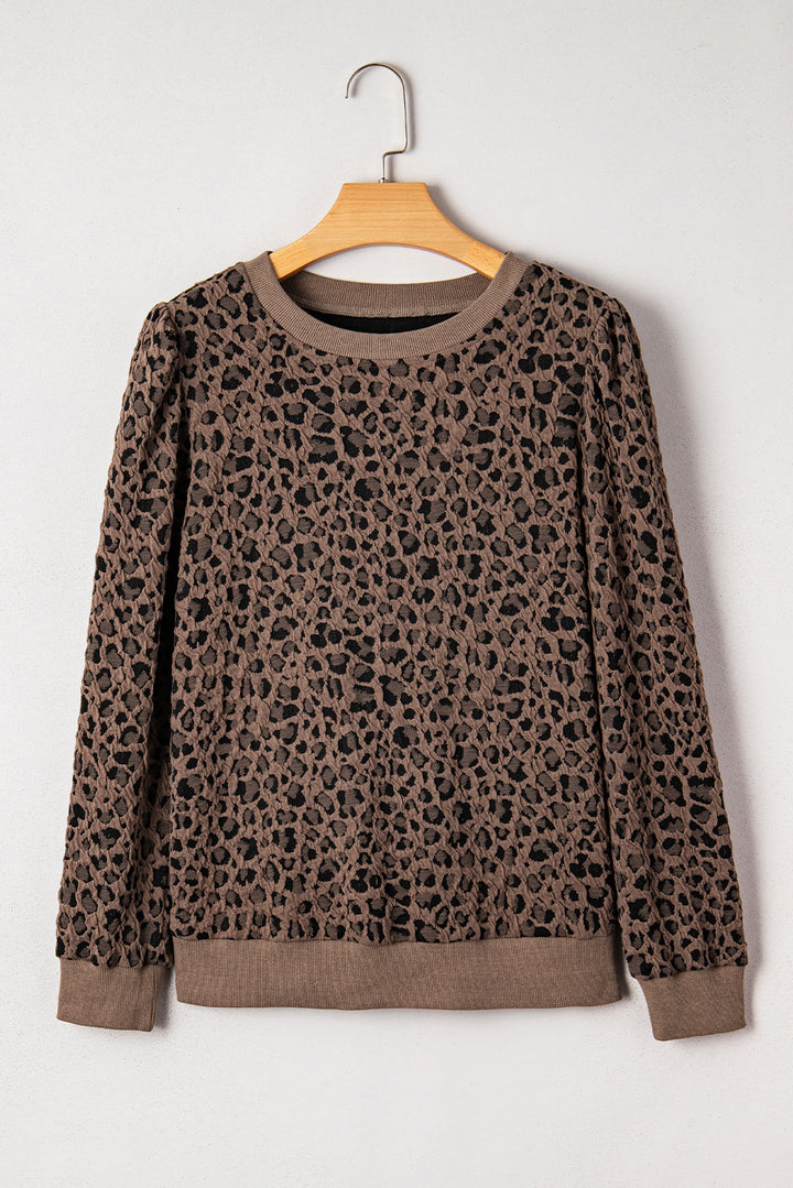 Ribbed Trim Leopard Print Long Sleeve Top
