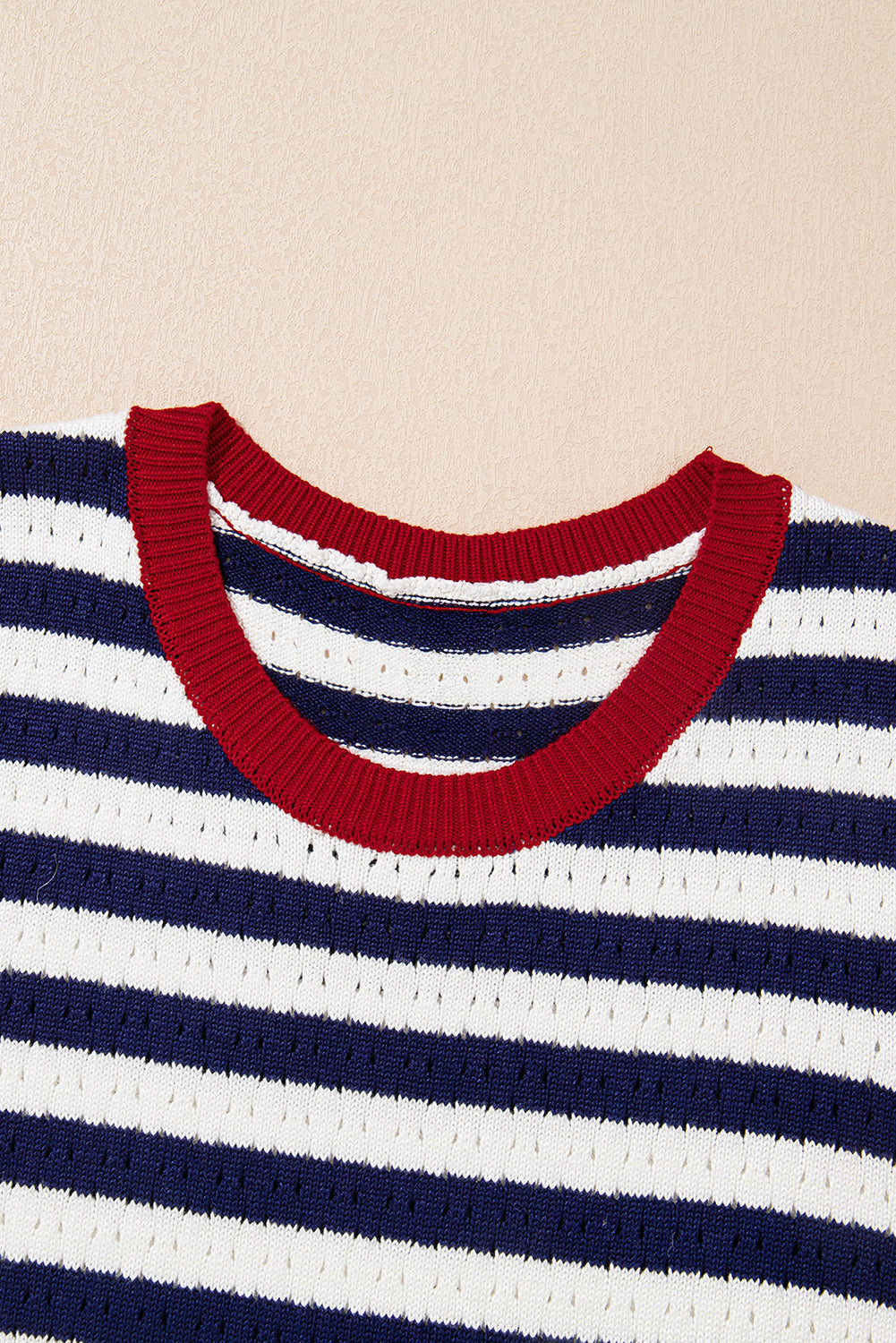 Navy Stripe Pointelle Knit Contrast Trim Sleeveless Sweater Top