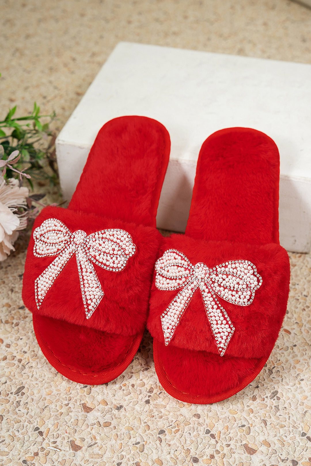 Pearl Rhinestone Embellished Bow Open Toe Plush Slippers