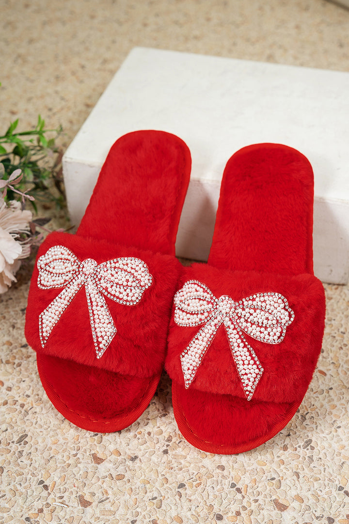 Pearl Rhinestone Embellished Bow Open Toe Plush Slippers