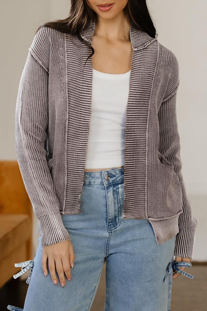 Mineral Wash Exposed Seam Patchwork Knit Open Sweater Cardigan