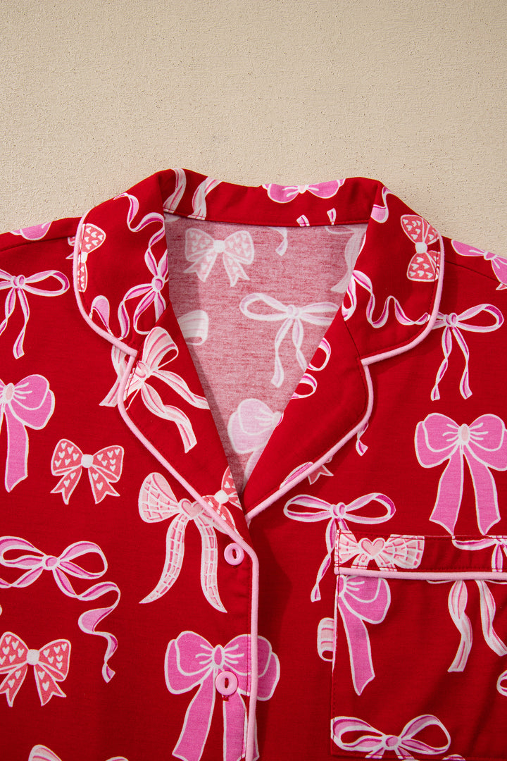 Red Sweet Bow Print Shirt Style Top Long 2pcs Pajama Set