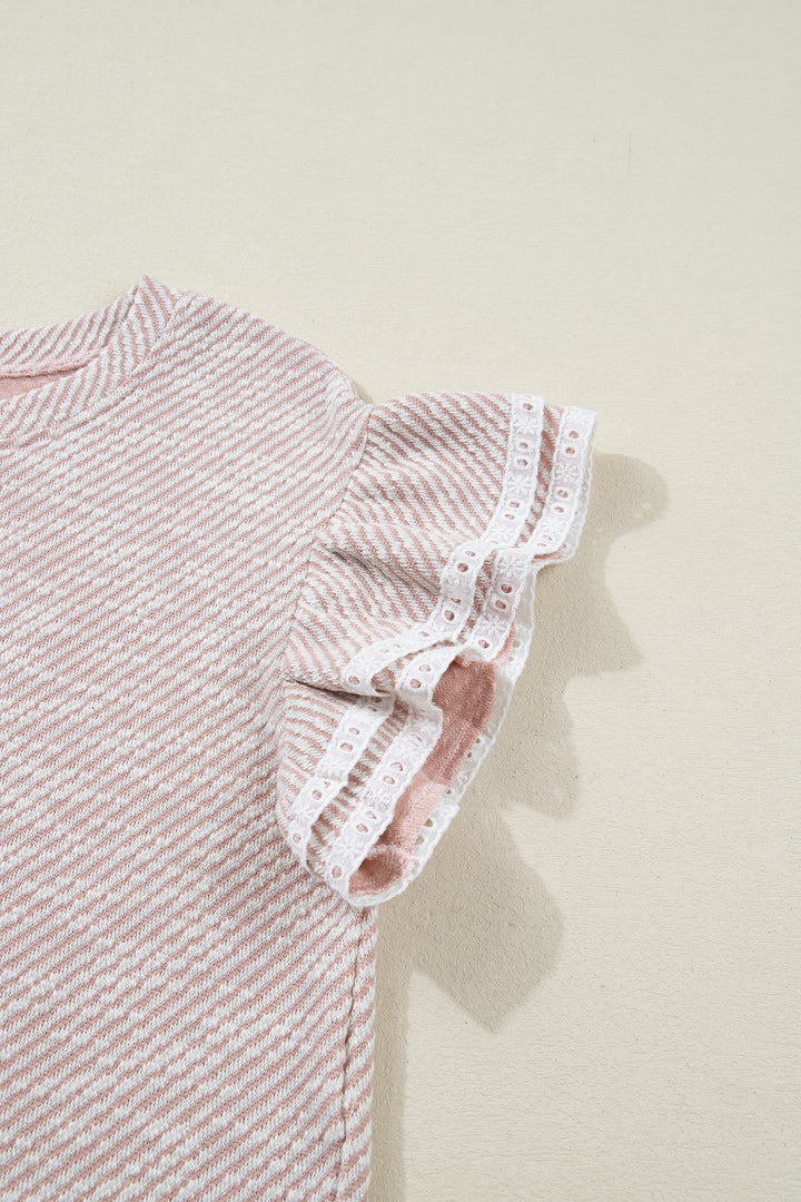 Twilled Print Lace Trim Ruffled Short Sleeve Blouse