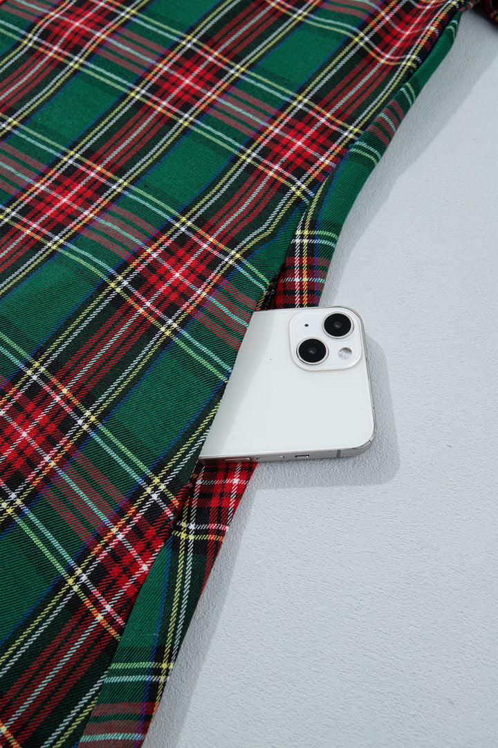 Green Plaid Button Front Short Sleeve Shift Dress