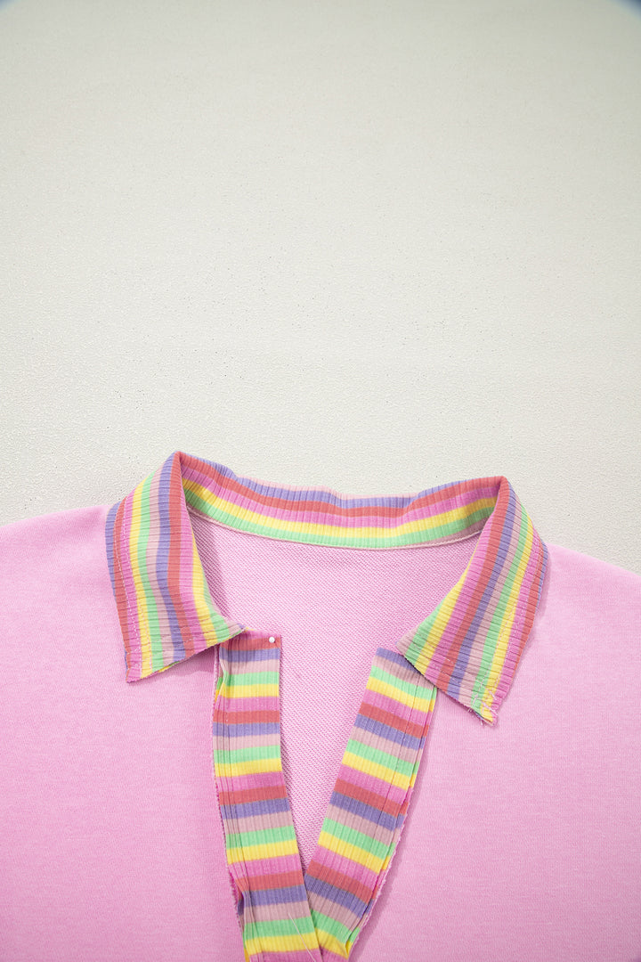 Pink Rainbow Stripe Ribbed Patchwork Raw Seam Oversize Polo Tee
