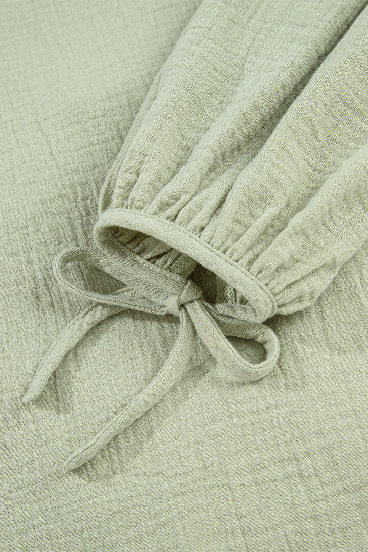 Bow Tie Front Ruffle Trim V Neck Long Sleeve Gauze Blouse