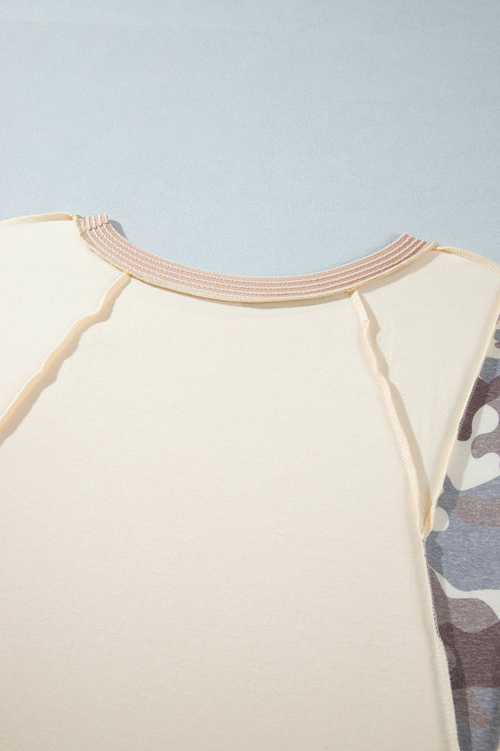 Apricot Camouflage Round Neck Loose Fit Plus Size Blouse