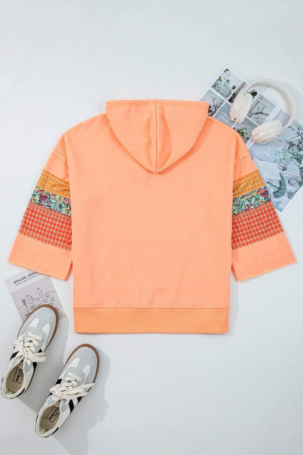 Plaid Floral Patchwork Kangaroo Pocket Hooded Long Sleeve Top