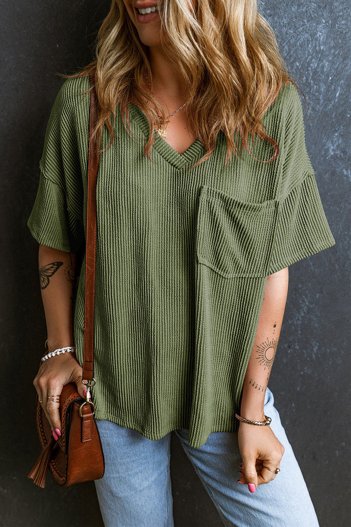 corded v neck chest pocket loose t shirt