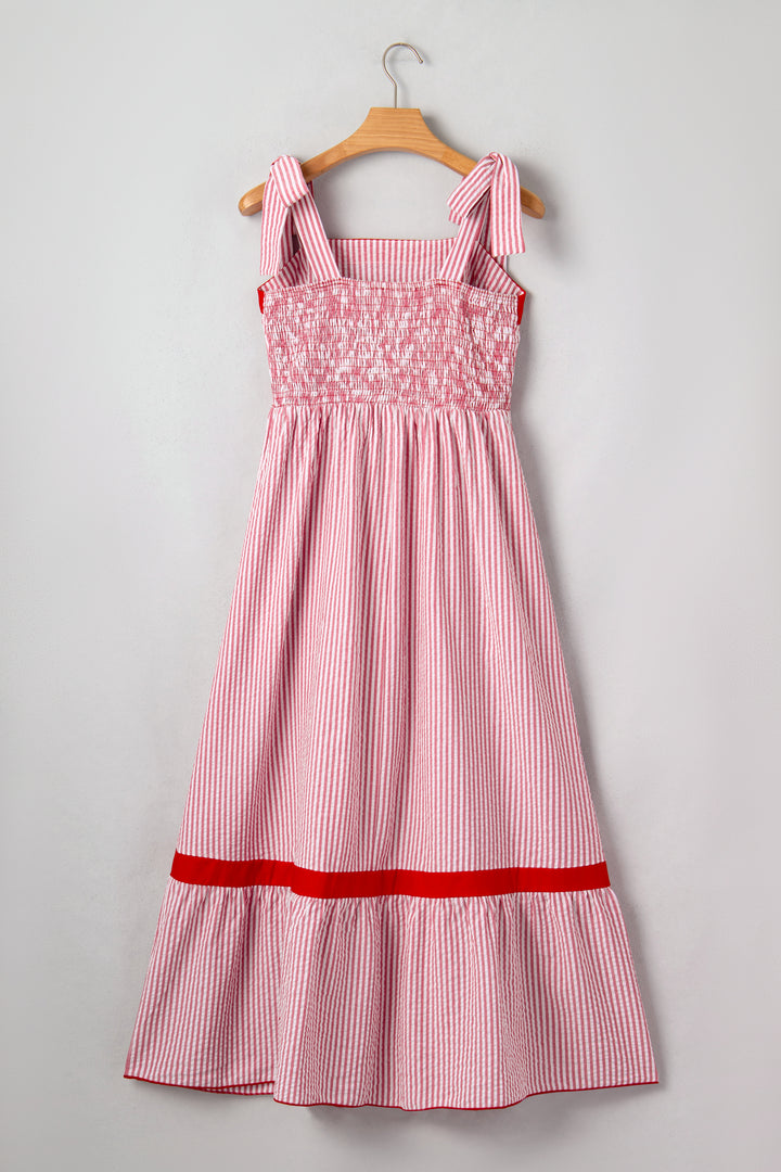 Red Stripe Bow Knot Straps Contrast Trim High Waist Ruffle Hem Maxi Dress