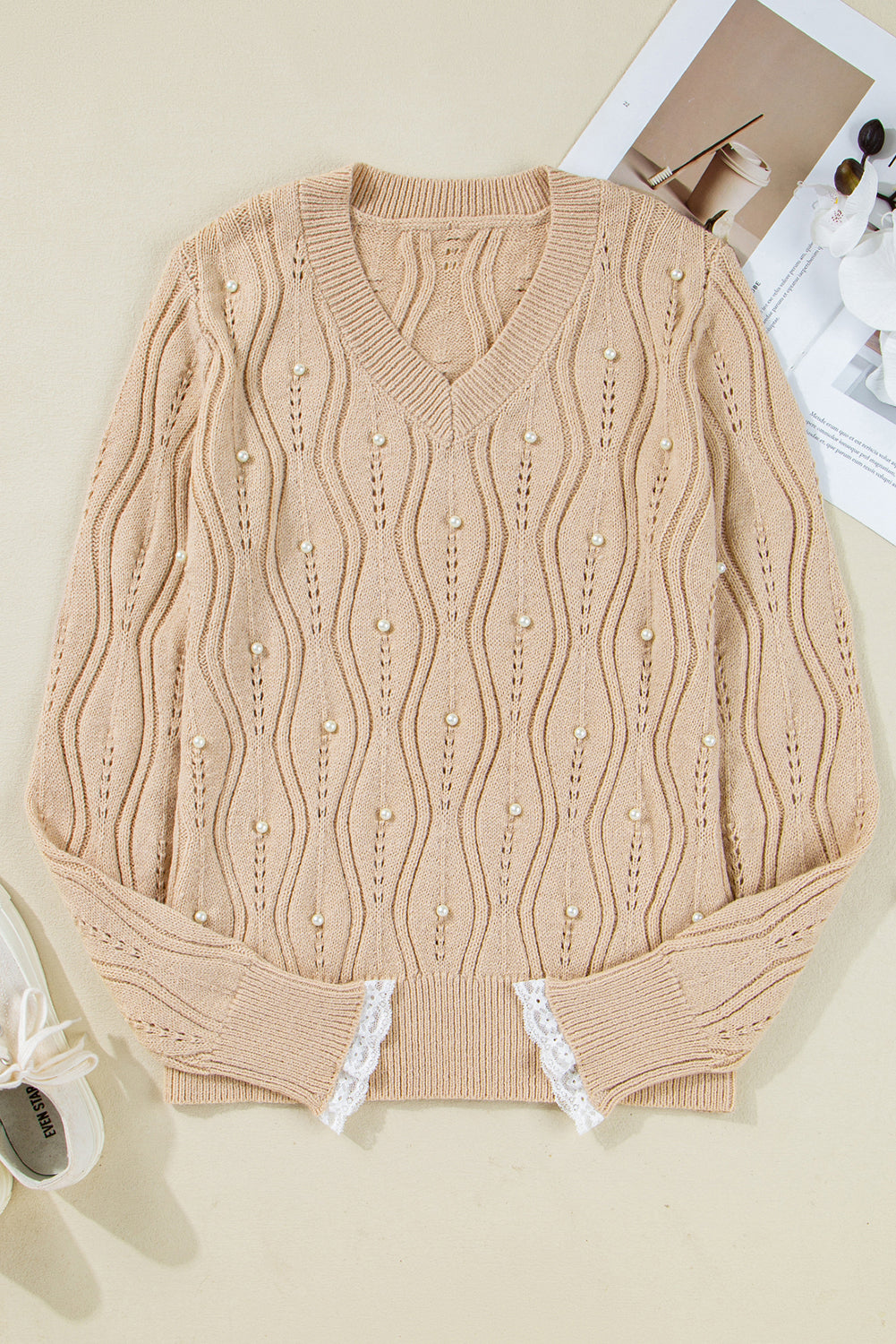 Pearl Beaded Pointelle Knit V Neck Lace Patchwork Sleeve Sweater