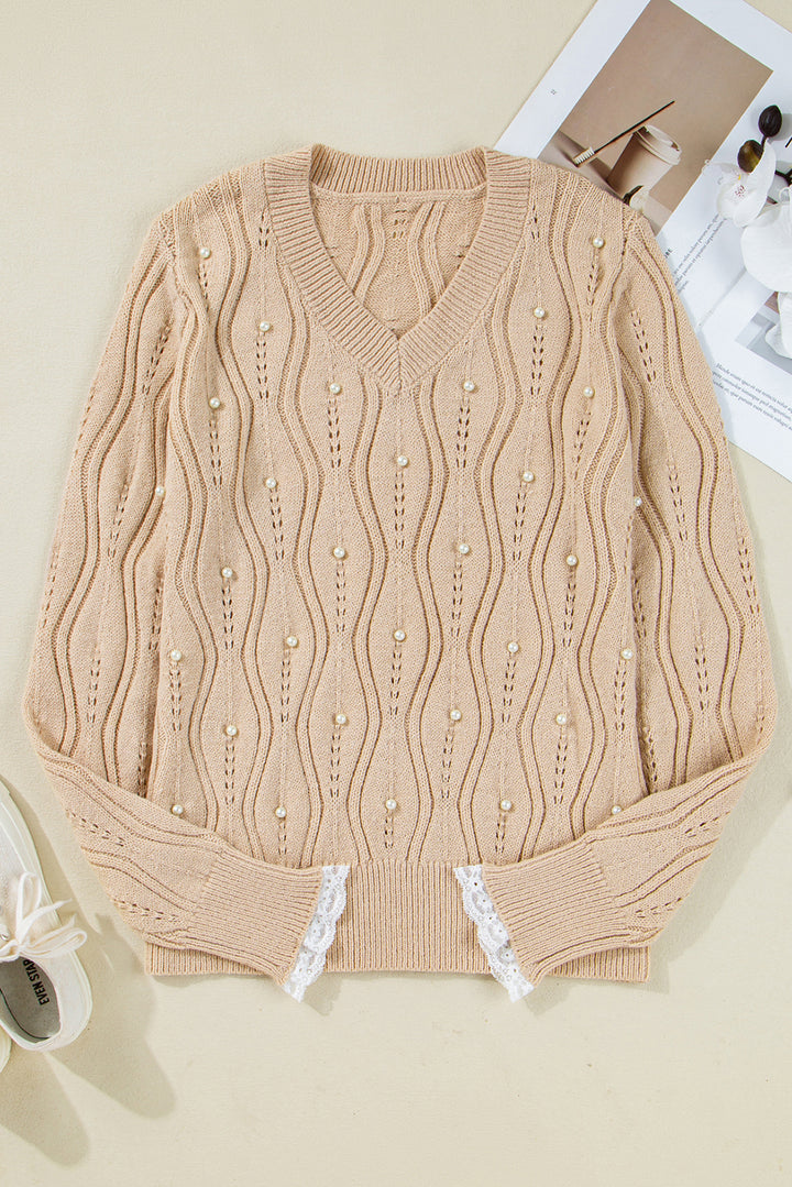 Pearl Beaded Pointelle Knit V Neck Lace Patchwork Sleeve Sweater