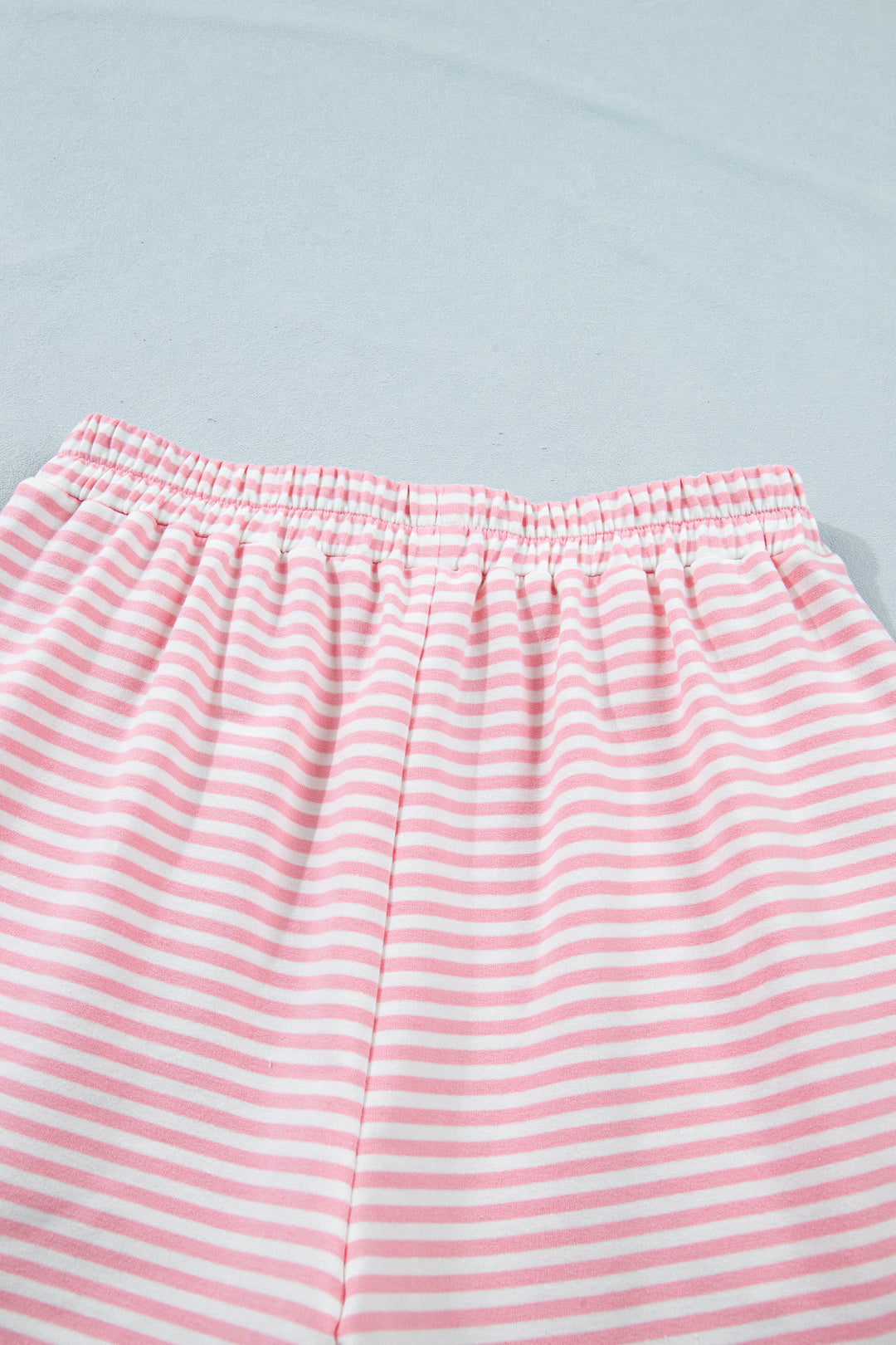 Pink Stripe Cuffed Sleeve Contrast Mock Neck Tee Casual 2pcs Short Set