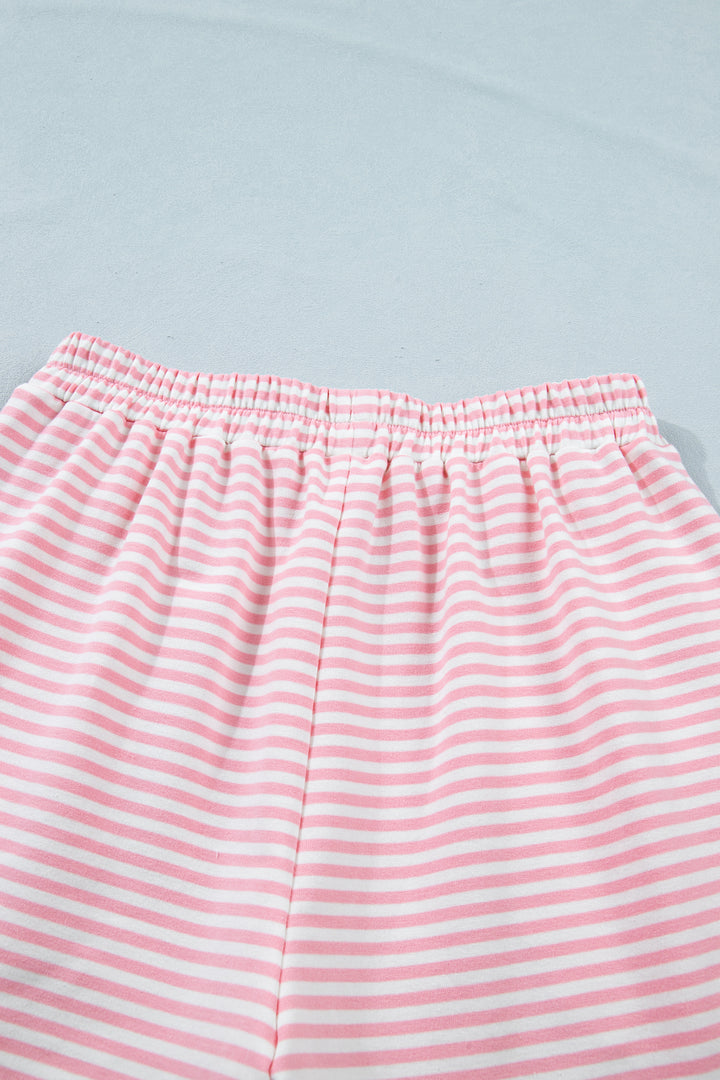 Pink Stripe Cuffed Sleeve Contrast Mock Neck Tee Casual 2pcs Short Set