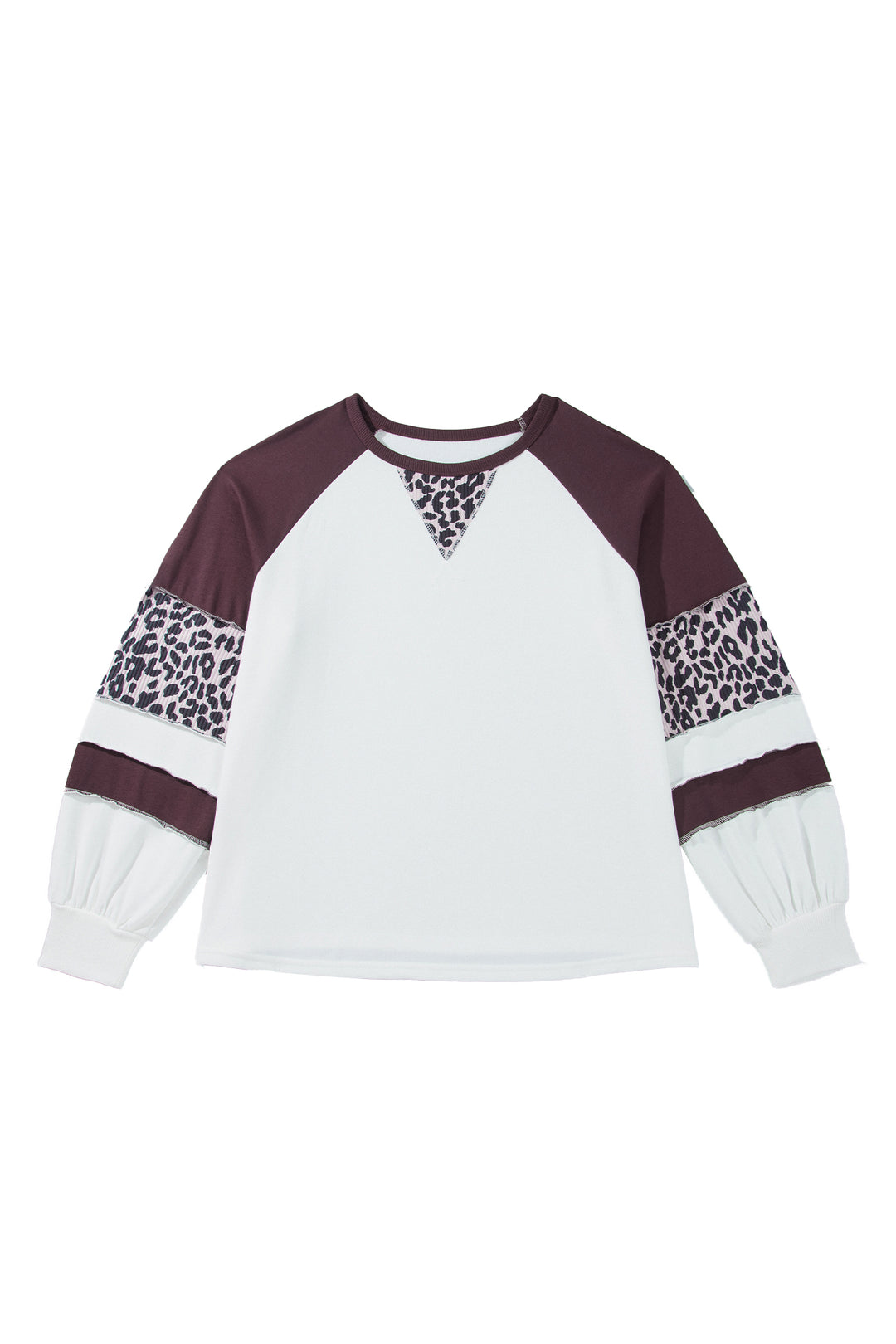 Beige Leopard Print Colorblock Round Neck Long Sleeve Plus Size Blouse