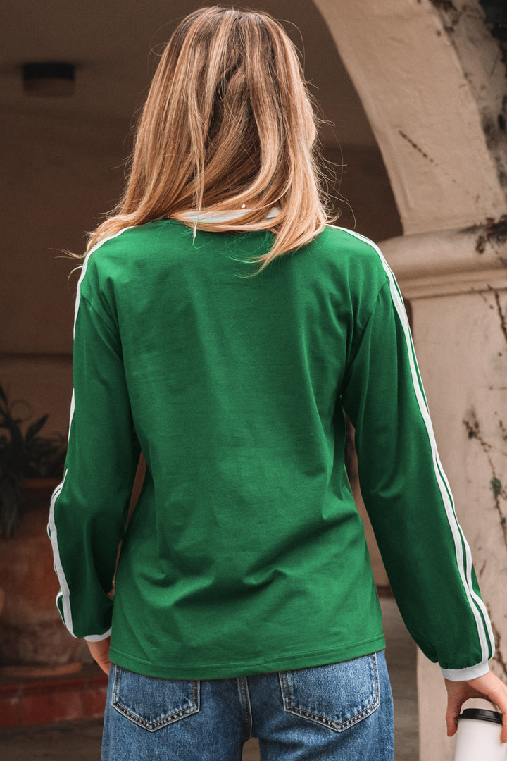 Varsity Striped Accent Contrast Crew Neck Long Sleeve T Shirt