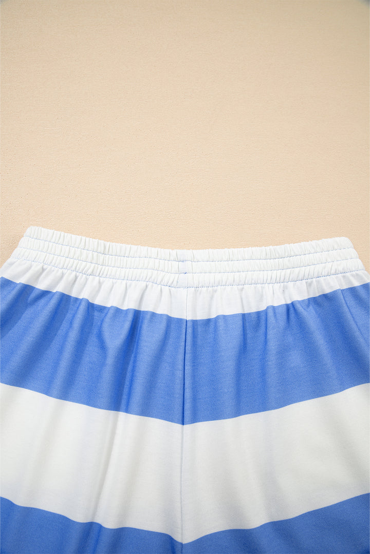 Sky Blue Stripe Half Zipper Placket Bracelet Sleeve Top Casual Shorts Set