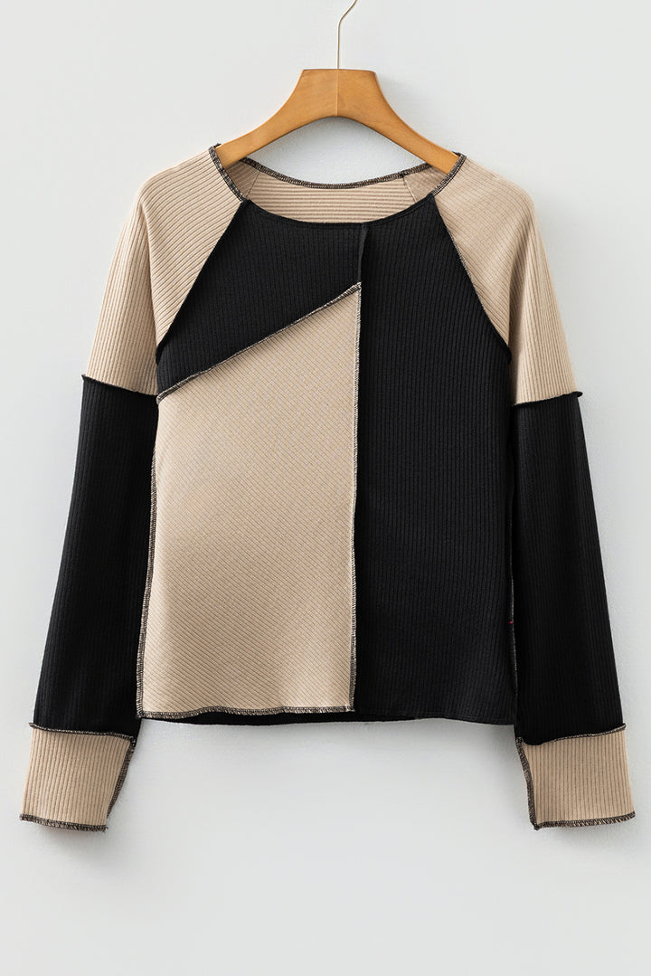Irregular Color Block Seaming Trim Rib Knit Top