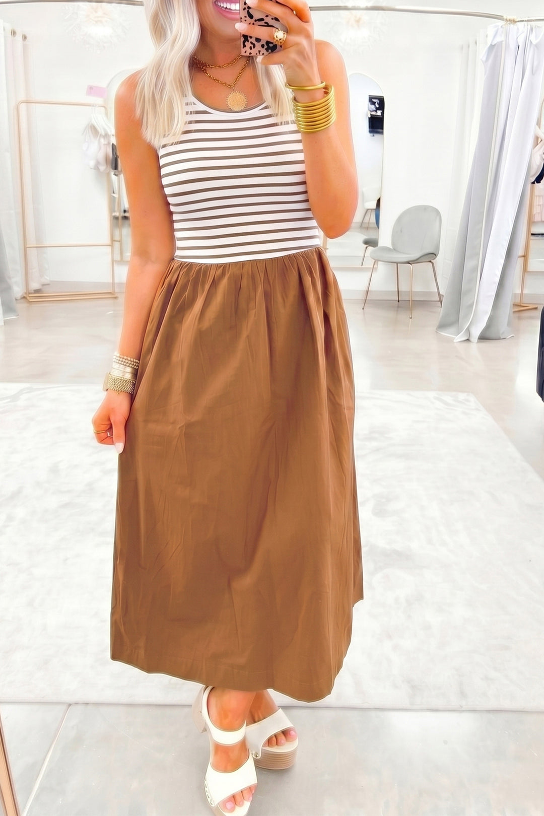 Chestnut Striped Colorblock Sleeveless Casual Long Dress