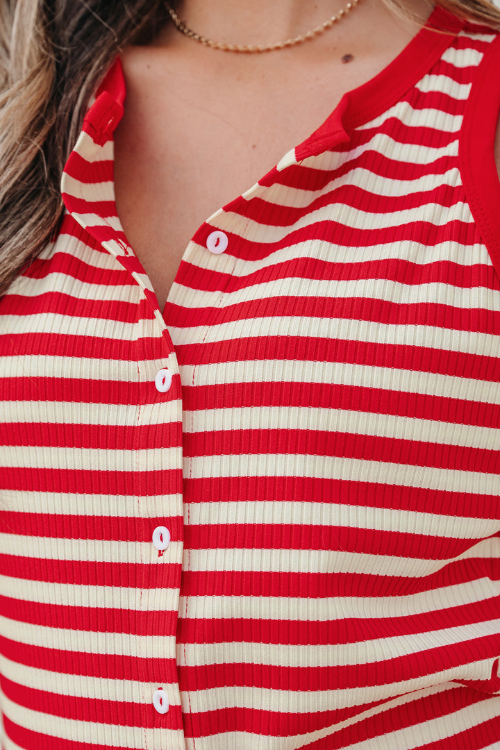 Red Stripe Buttoned Ribbed Knit Tank Top