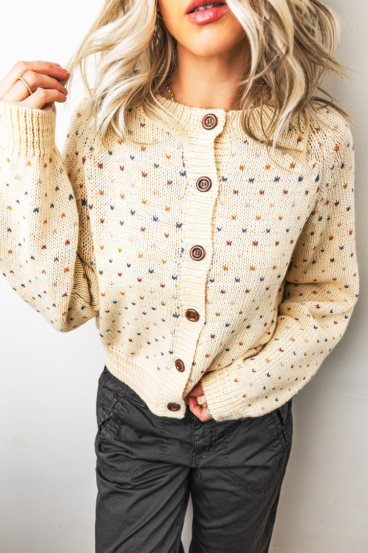Beige Geometric Print Button Front Regular Fit Cardigan