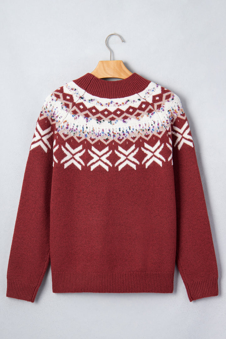 Red Dahlia Christmas Theme Geometric Pattern Knit Round Neck Shift Sweater
