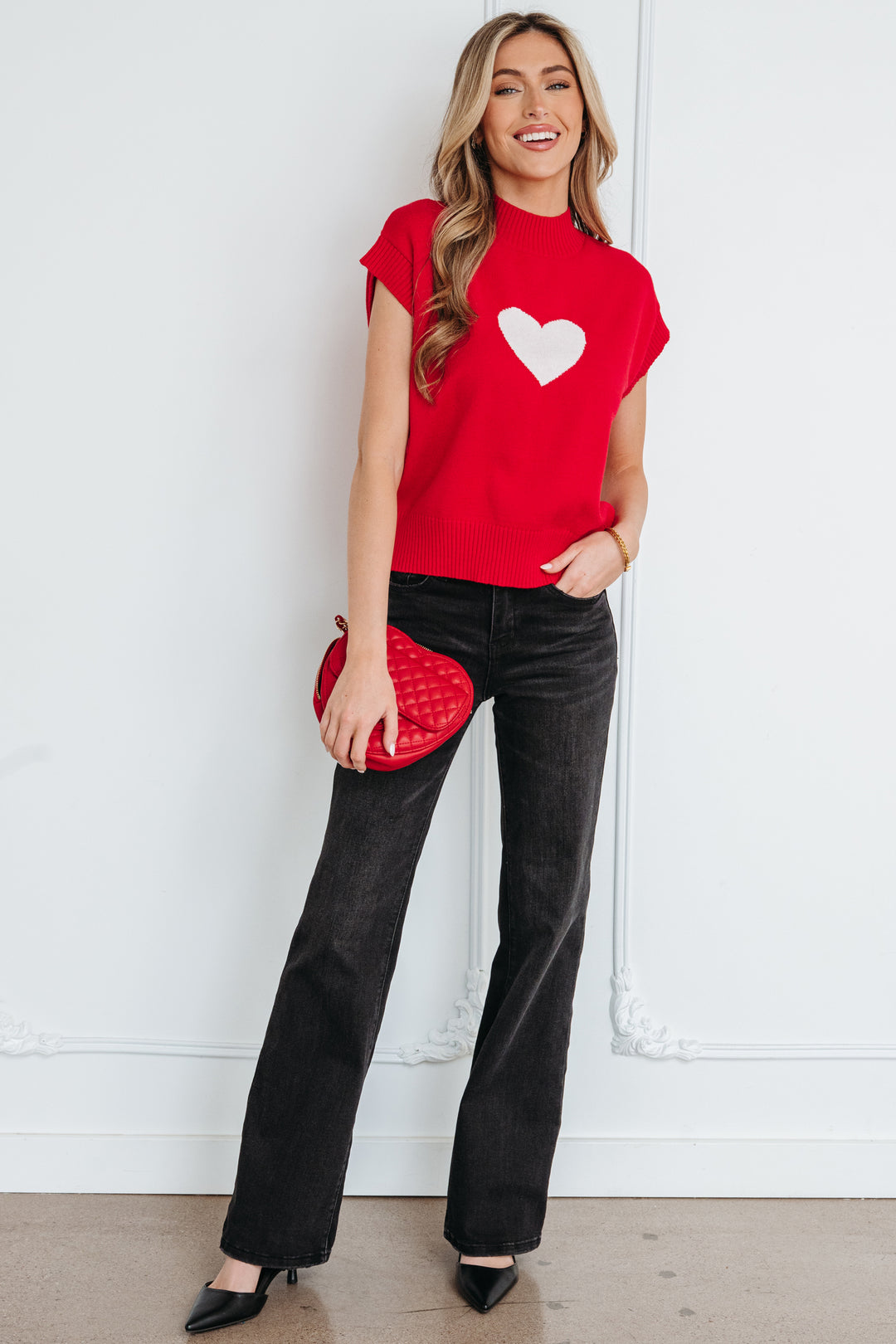 Valentine Heart Graphic Cropped Short Sleeve Sweater