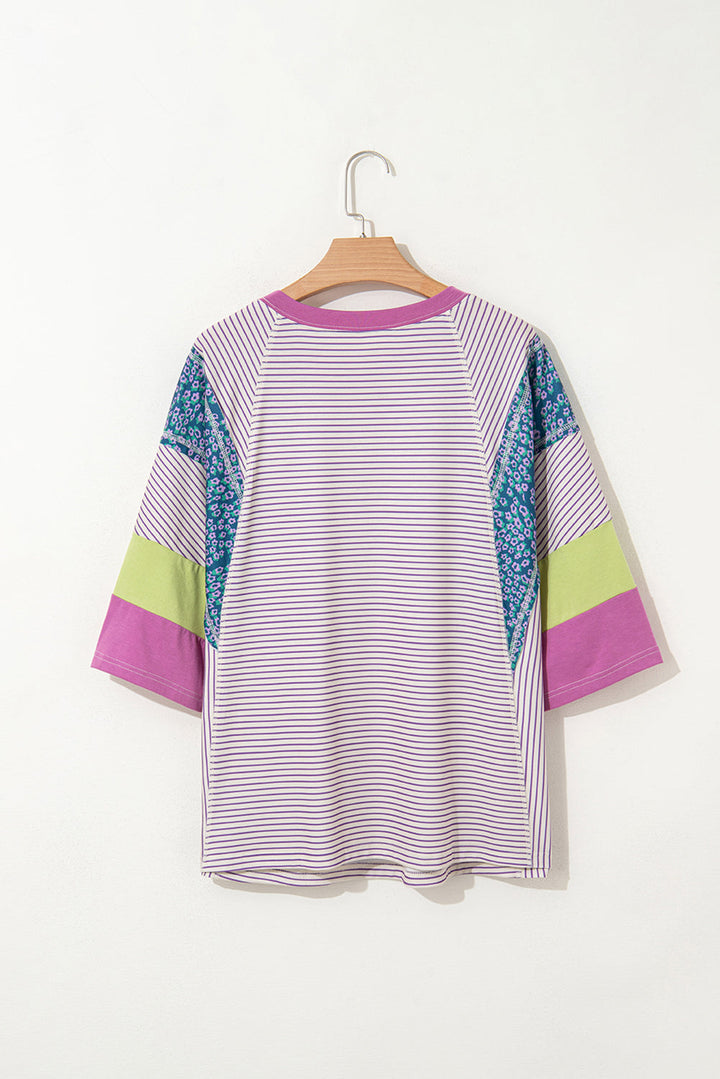 floral color block raw edge patchwork bracelet sleeve blouse