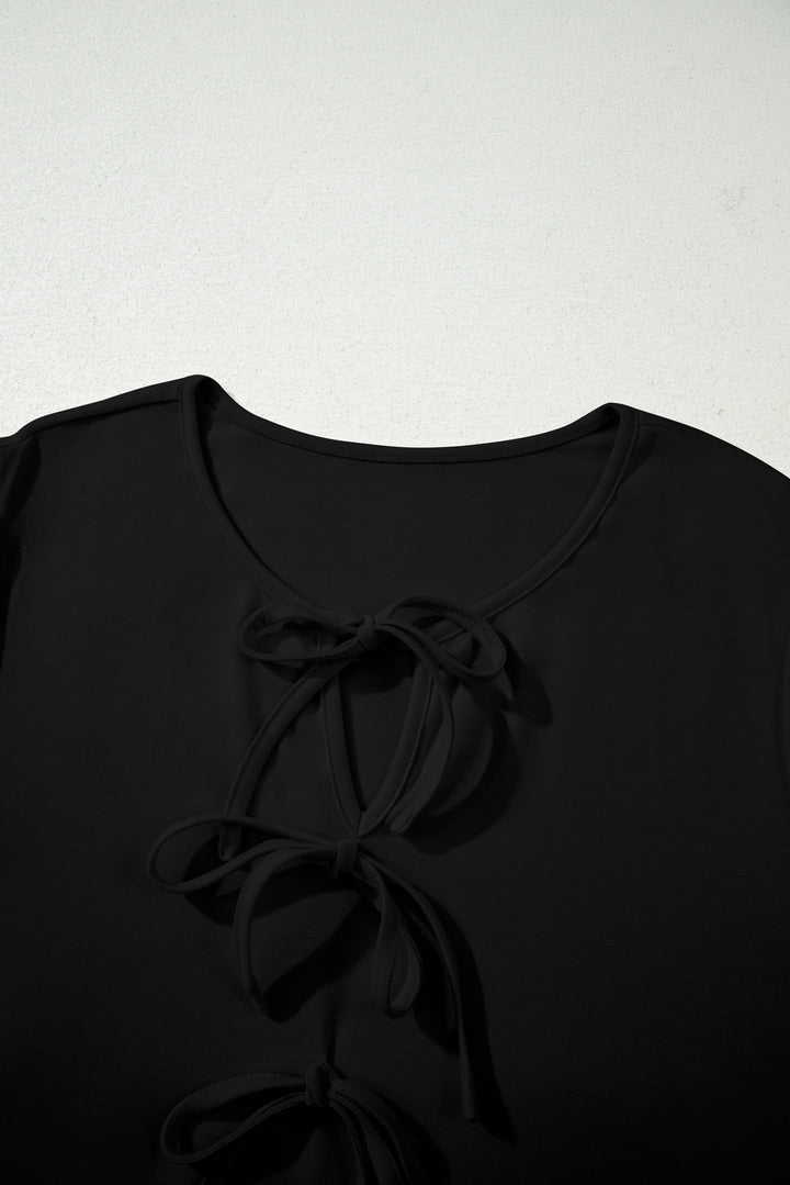 Black Solid Color Bow Tie Front Long Sleeve Plus Size Peplum Blouse