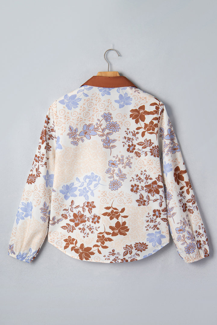 White Plus Size Floral Print V Neck Long Sleeve Blouse
