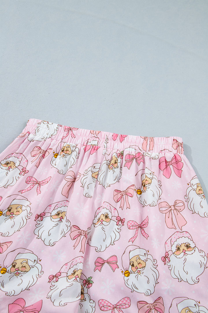 Pink Santa Print Paneling Shift Silhouette Short Sleeve Lounge Set