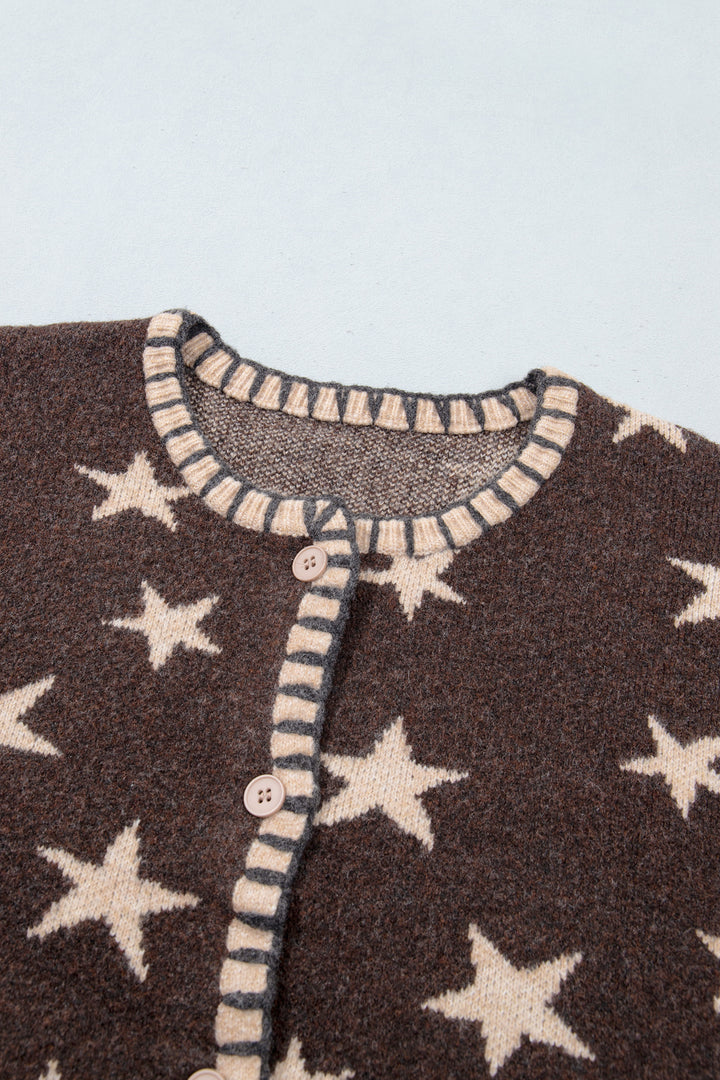 Brown Stars Pattern Colorblock Long Sleeve Shift Wool Cardigan