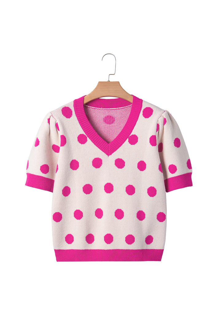 Pink Polka Dot Puff Short Sleeve Sweater Top