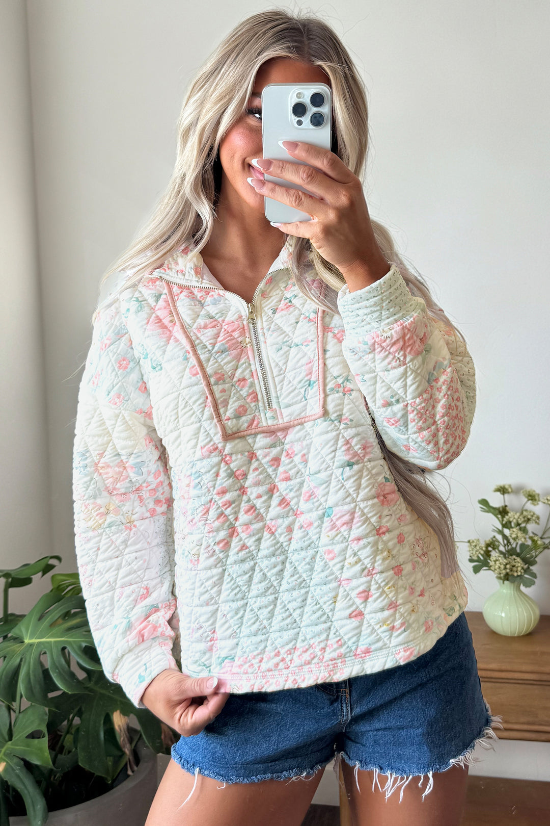 Multicolour Floral Quilted Metal Zipper Collar Long Sleeve Sweatshirt