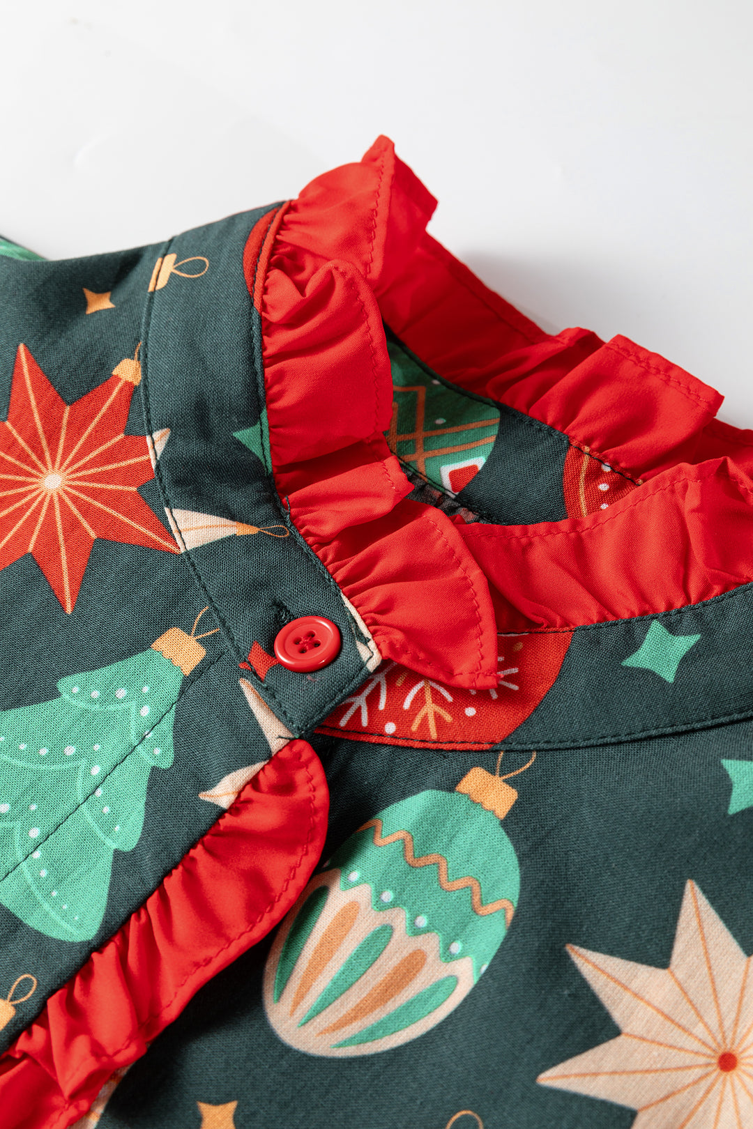 Christmas Fashion Print Contrast Trim Frilled Neck Short Sleeve Blouse