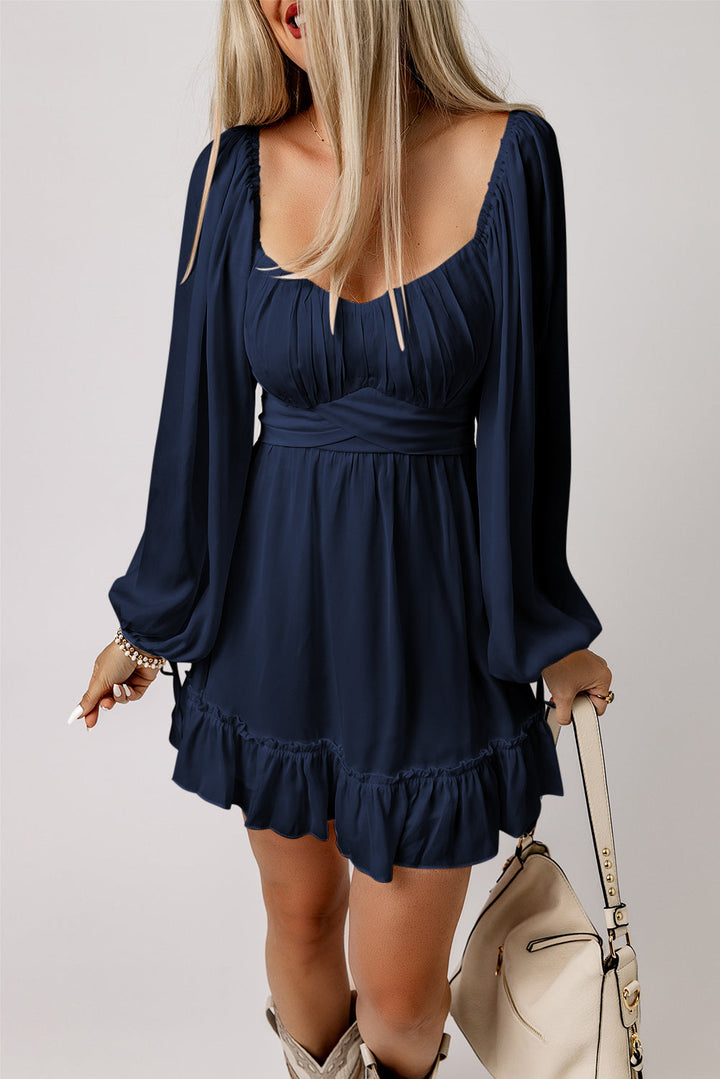 white plain ruffled high waist square neck mini dress
