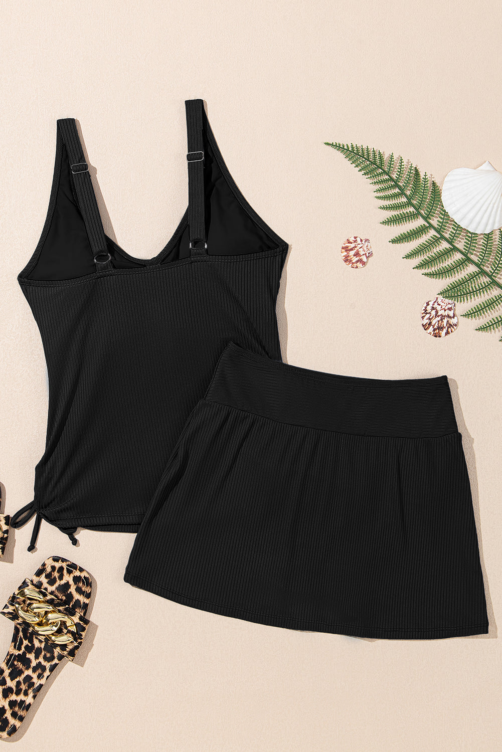 Black Ribbed Knit Crossed Detail Tank Skort 2pcs Swimsuit