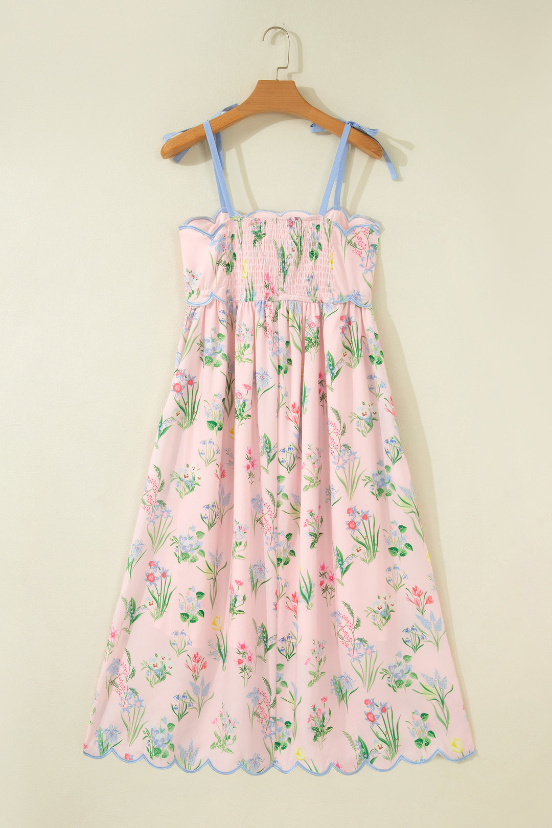 Pink Floral Print Contrast Trim Self-tie Straps High Waist Midi Dress