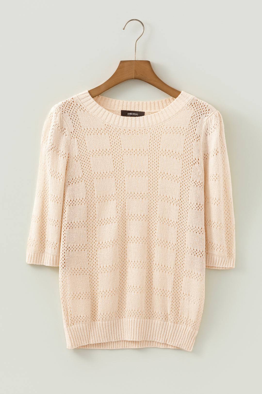 Plaid Pattern Crochet Knit Short Sleeve Sweater