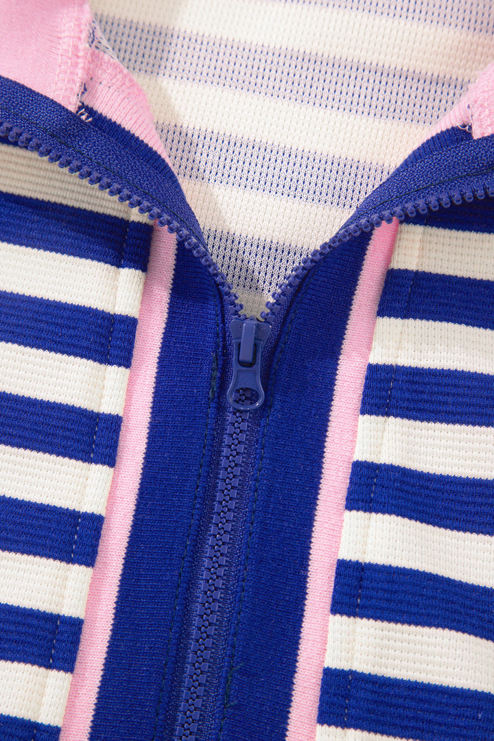 Dark Blue Textured Stripe Print Contrast Trim Zip Collar Sleeveless 2pcs Skort Set