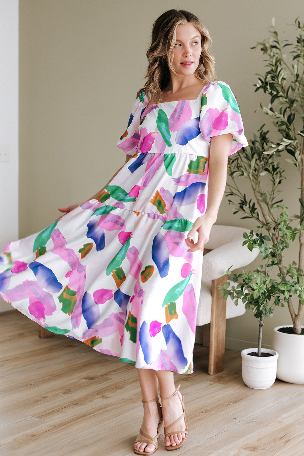 Abstract Print Puff Sleeve Smocked Back Midi Dress