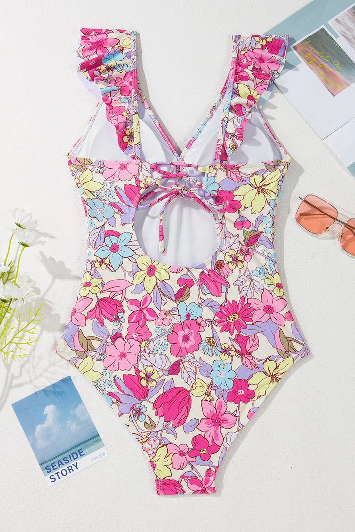 floral ruffle trim v neck lace up back tummy control one piece swimsuit