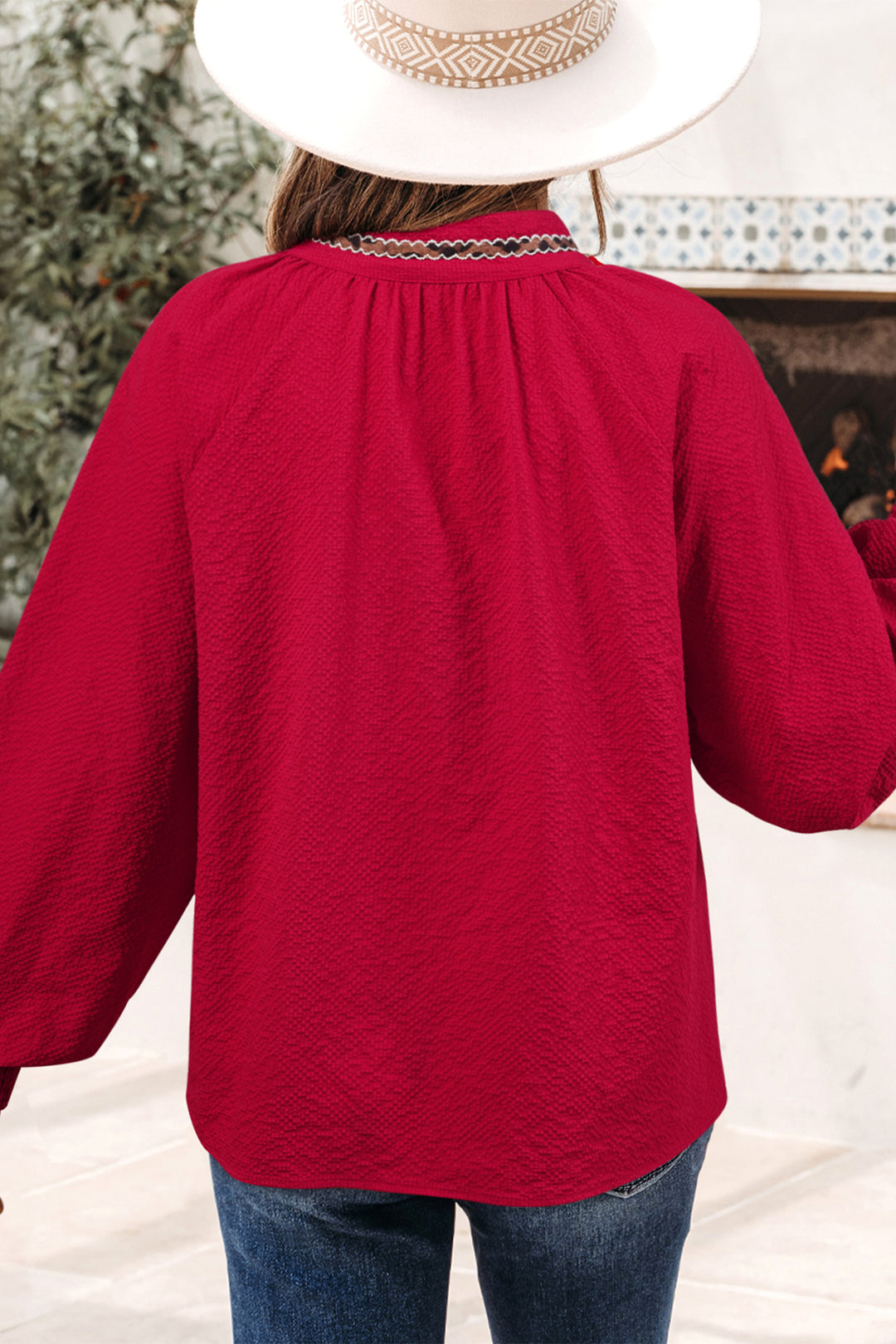 Racing Red Leopard Jacquard Print V Neck Textured Blouse